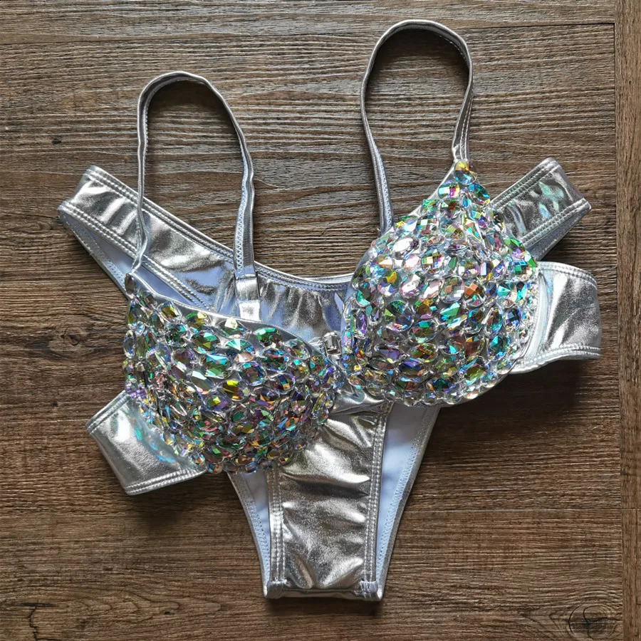 Sexy Luxury Diamond Silver Bikinis Set Women Push Up Biquinis Female Rhinestone Swimwear Crystal Honey Moon Beachwear 240822