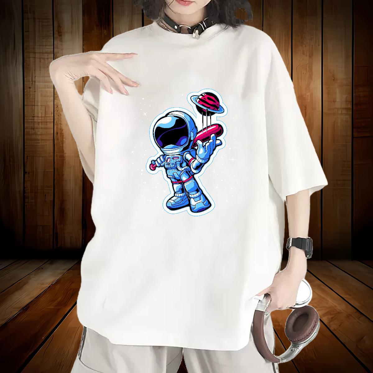 Soft Women Tshirts 230g Cotton cosmonaut Casual Sport T Shirts Women Short Sleeve O-Neck Custom Cartoon Top Shirts