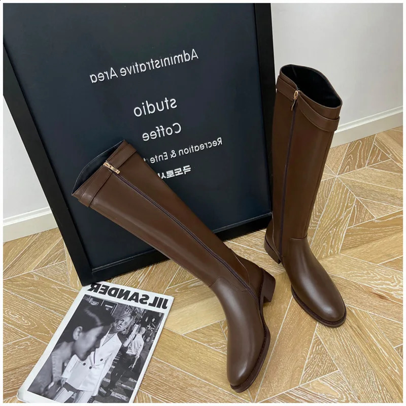 Ladies Knight Boots Classic Warm Boots Side Zipper Round Toe Thick Heel Thin Knee Boots Autumn Winter Women Botas 240823