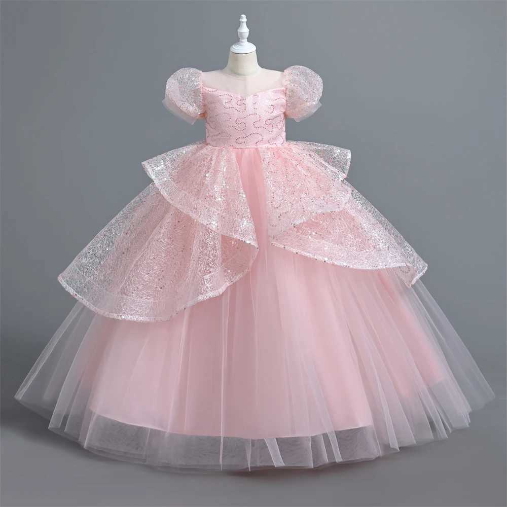 Yoliyolei Sparkling Girl Ceremony Dress with Puff Sleeves Elegant Girl Dress 12 Years Old Formal Birthday Pink Childrens Dress W240823