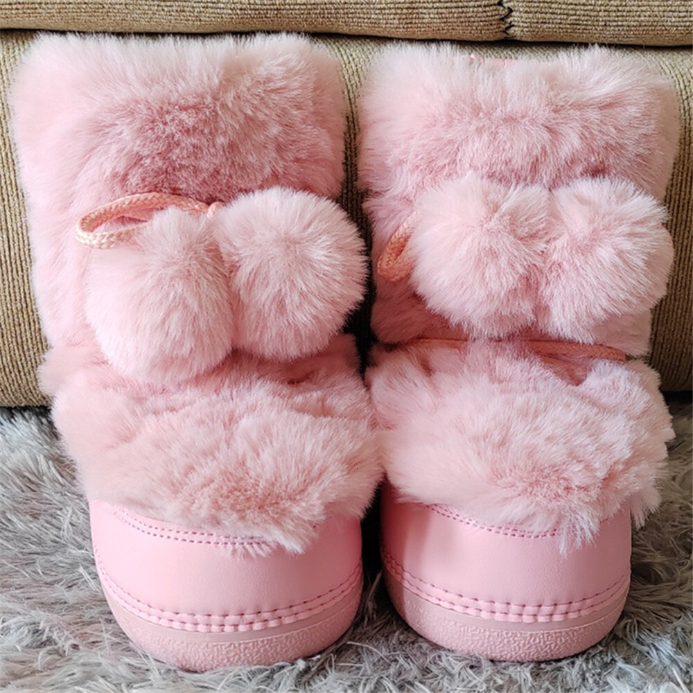 Women 2024 Winter Fluffy Furry Faux Fur Snow Woman Lace-Up Waterproof Platform Ankle Pink Ski Boots