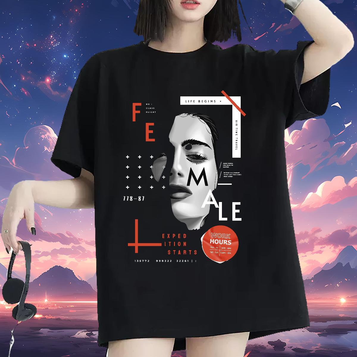 Comfortable Lady T shirt 230g Pure Cotton letter Daily Outfit T-Shirts for Women Crew Neck Breathable Graphic Top Tees