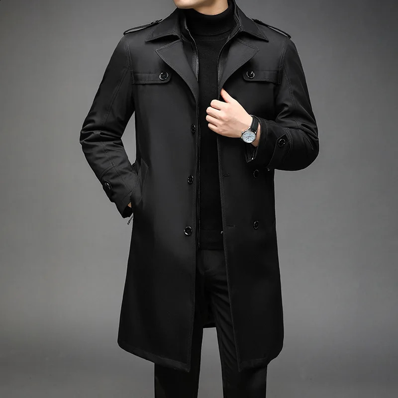 Trench Coat Men Long Liner Detachable Smart Casual Windbreakers Mens Long Jackets Solid Color Turn Down Collar Trench Coat 240822