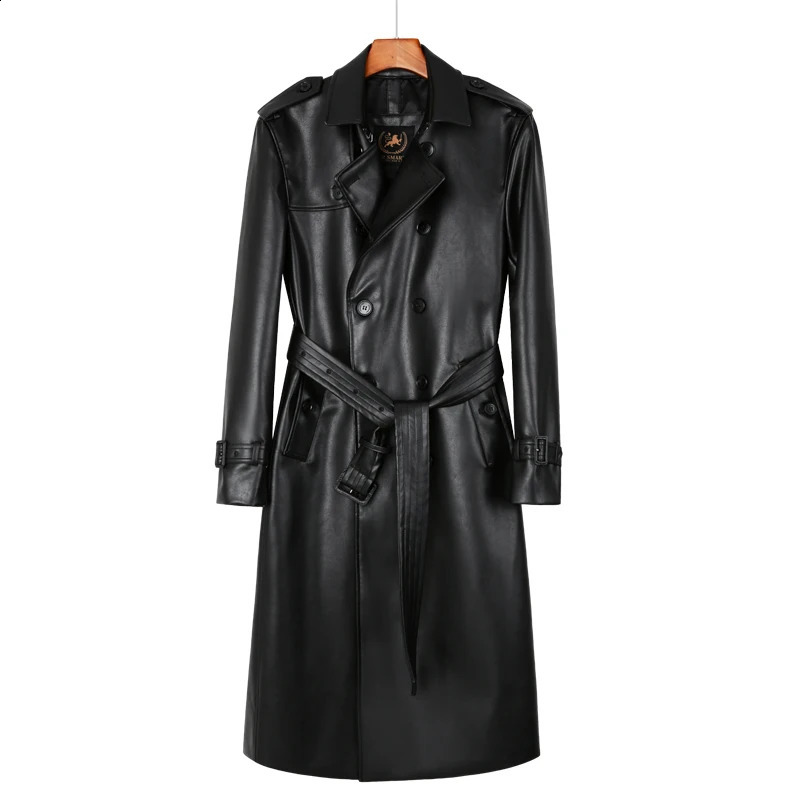 mens leather trench coat long knee length double breasted classic british fashion jacket thickened down vest leather windbre 240822