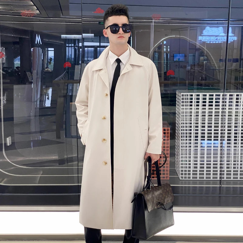 mens windbreaker single breasted long length classic turn down spring and autumn fashion thick trench coat men 240822