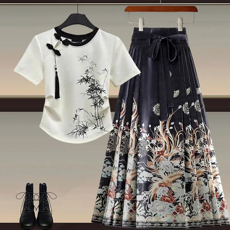 Fashionable Womens Set Improved Button Top Paired with Hanfu Horse Face Skirt Elegant Womens Two Piece Set 240823