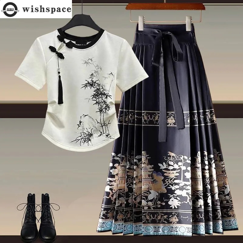 Fashionable Womens Set Improved Button Top Paired with Hanfu Horse Face Skirt Elegant Womens Two Piece Set 240823