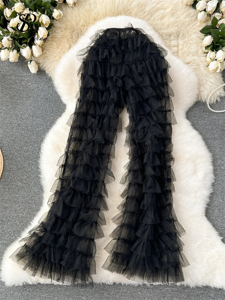 SINGREINY Fashion Mesh Long Pants Women Tierred High Waist American Fashion Streetwear Y2k Vintage Sheer Flare Trousers 240823