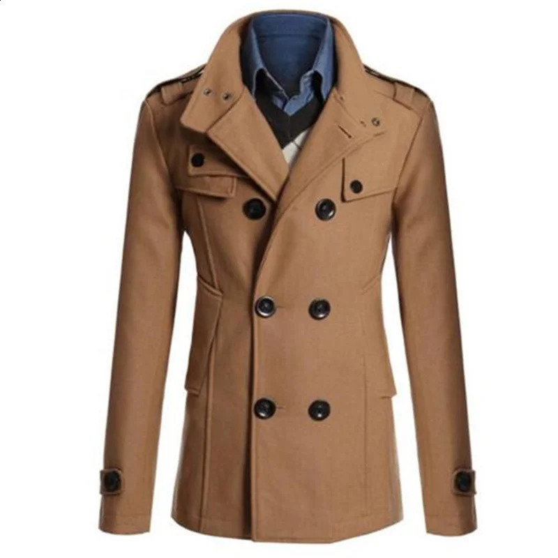 Mens Winter Warm Trench Woolen Coat Slim Casual Reefer Jackets Solid Stand Collar Double Breasted Peacoat parka 240822
