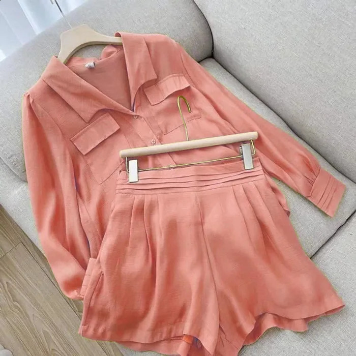 Style Sports Rest Fashion Loose Single breasted Pocket Set Top Shirt Flip Collar Shorts Solid Color Slim Fit Two Piece Set 240823
