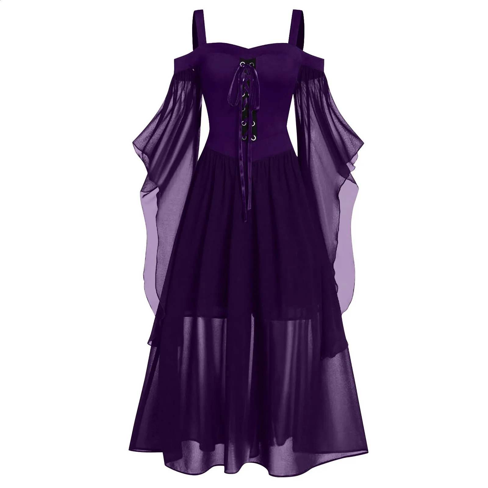 Womens plus size Halloween dress cold shoulder butterfly sleeves lace Gothic style clothing vintage mesh patchwork w240824