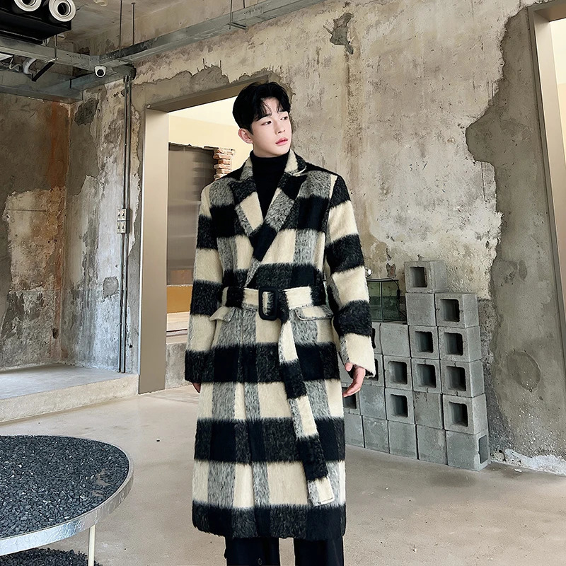 NOYMEI Woolen Coat Mens Autumn Winter Trench Thickened Korean Style High-end Checked Over Knee Windbreaker Trend WA3106 240822