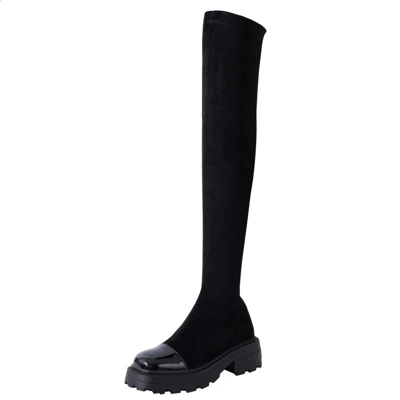 Winter long tube knee high boots for women Leather black thin stretch boots thick soled square boots knight boots 240823