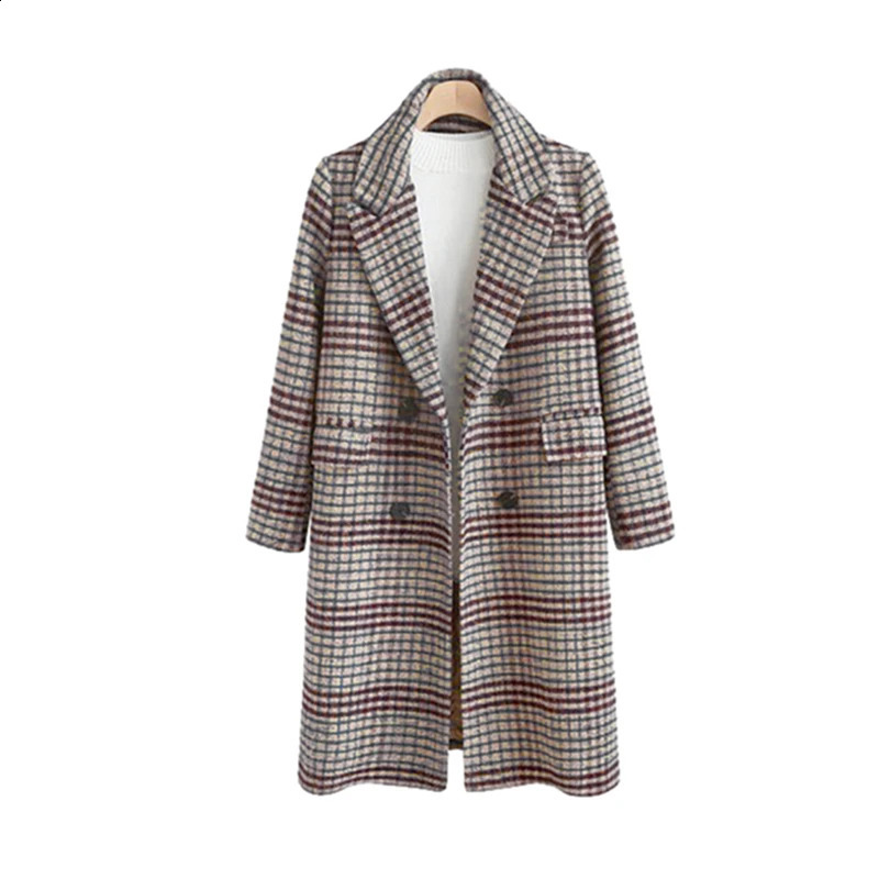 Women Coat Long Jacket Woolen Plaid Double Breasted Lapel Overall Autumn Winter Loose Fitting Blazer Checkered Long Sleeve 240822