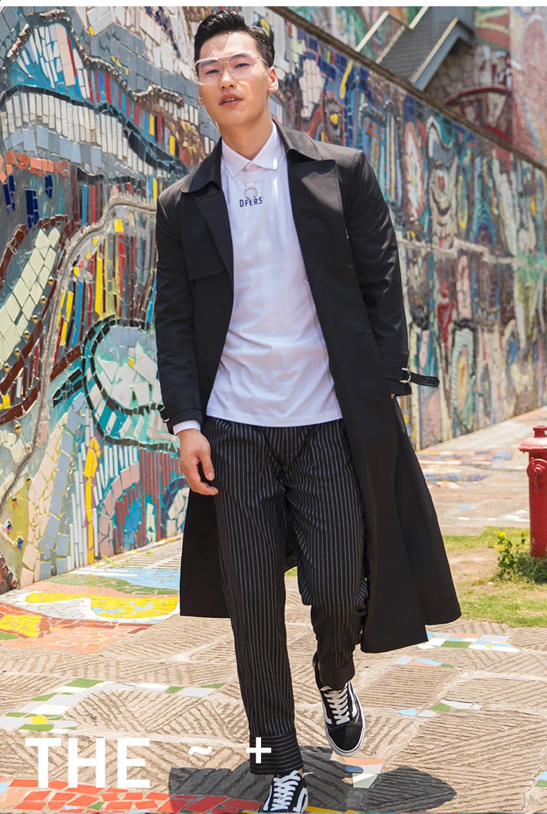 Autumn Winter Men Trench Adjustable Waist n Coat Fashion Smart Casual British Style Black Outwear Turn-down Collar 240822