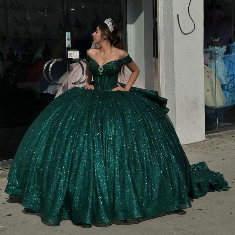 Blackish Green Off The Shoulder Quinceanera Dresses Ball Gown Glitter Beading Pleat Tull Vestidos De 15 Anos Party Brithday Sweet 16 Dress