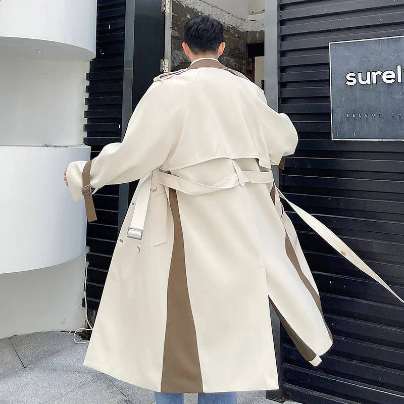 High Quality Contrast Color Double Breasted Long Trench Coats Mens Korean Fashion Elegant Long Jackets Gabardina Hombre 240822