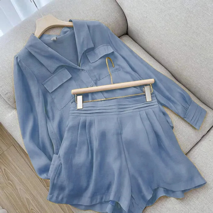 Style Sports Rest Fashion Loose Single breasted Pocket Set Top Shirt Flip Collar Shorts Solid Color Slim Fit Two Piece Set 240823