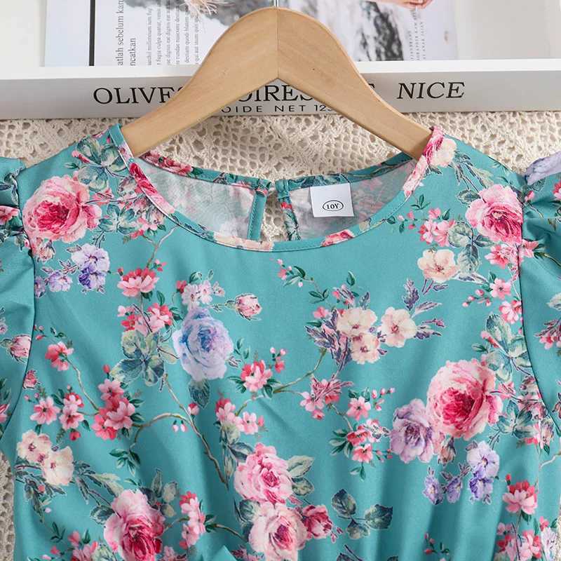 Childrens casual womens clothing summer new childrens fashion print blue A-line princess dress with 7-14Y W240823