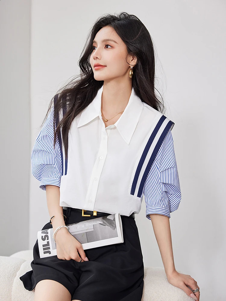 French elegant office womens shirt spring striped contrasting color long sleeved temperature ultrathin top 240822