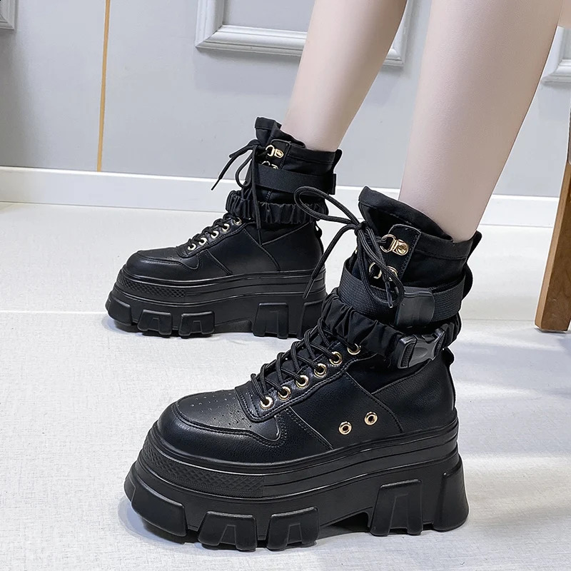 Rimocy Punk Short and Fat Platform Motorcycle Boots for Women Lace Sole Thick Ankle Boots for Women Cool Autumn Winter Gothic Shoes for Women 240823