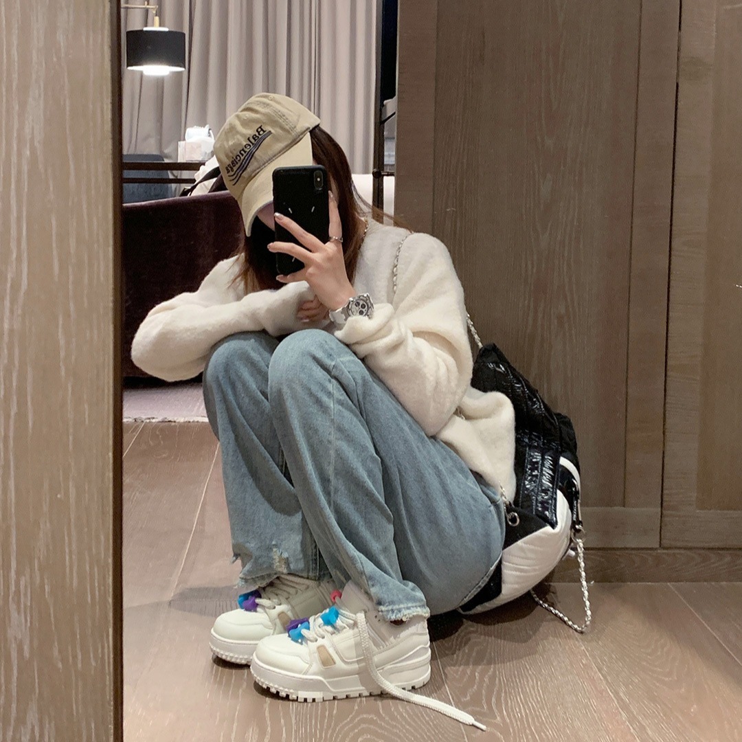 Ddmysports Cowhide Version Su Yinyin S Same Style White Women Thick Soled Height Increasing Chubby Bread Shoes Casual Versatile Board OUTDOOR