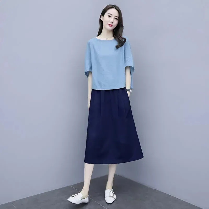 Large Size Outfit Ladies 2PCS Cotton Linen Skirt Suit Women Summer Two-Piece Fashion Bat Sleeve T-Shirt Slimming Set 240823