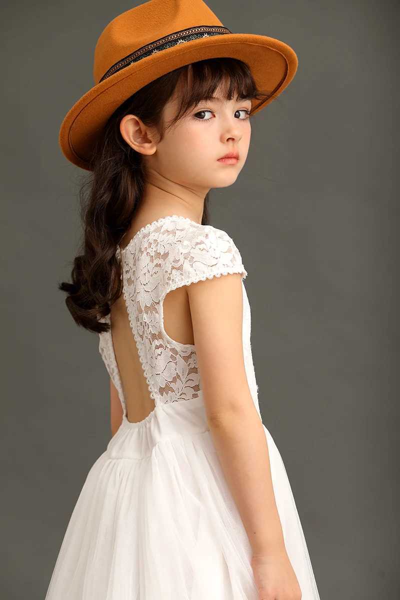 Bohemian style girl lace mesh patch V-neck backless fashionable wedding flower girl evening dress 4 6 7 8 10 14 W240823