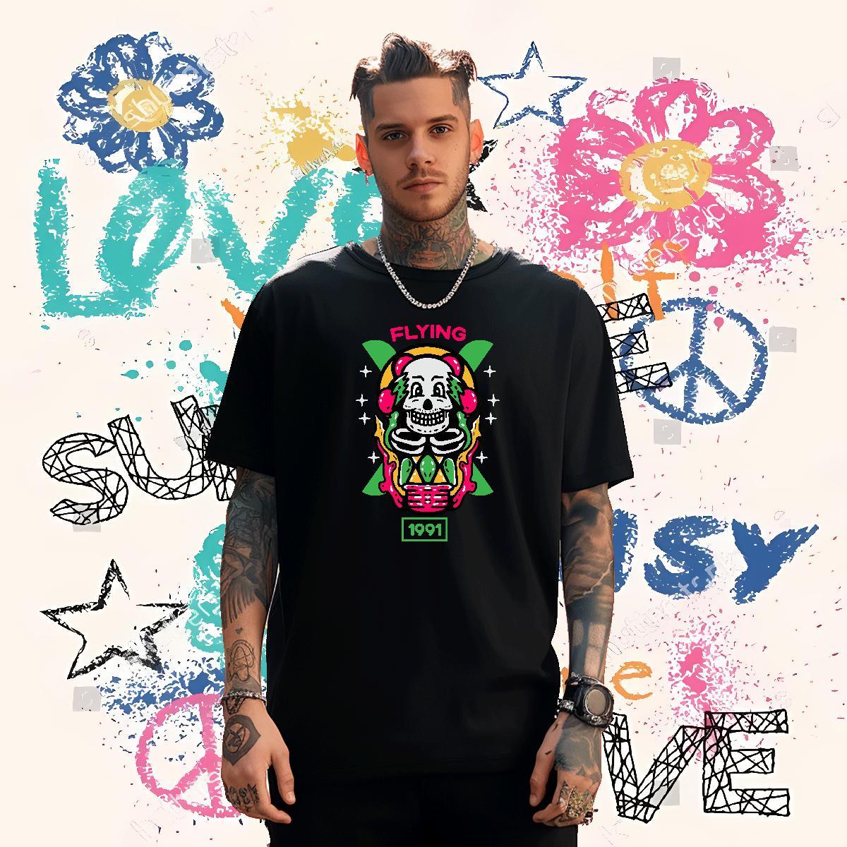 Cool Design T Shirts Men 230g Cotton skull Hip Hop Street DIY Printed Breathable Men Tshirts Stylist Tops Shirt