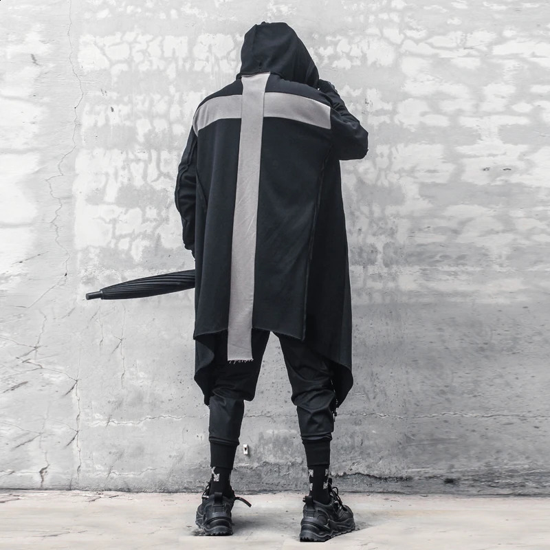 Back Cross-shaped Patchwork Gothic Punk Trench Coat Hooded Cloak Mens Hip Hop Vintage Long Jacket Cape 240822