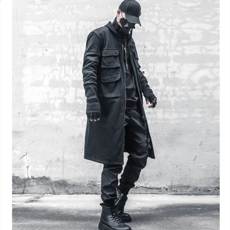 High Quality Multi-pocket Function Punk Hip Hop Trench Coat Men Techwear Style Street Casual Cargo Long Jacket Cloak 240822