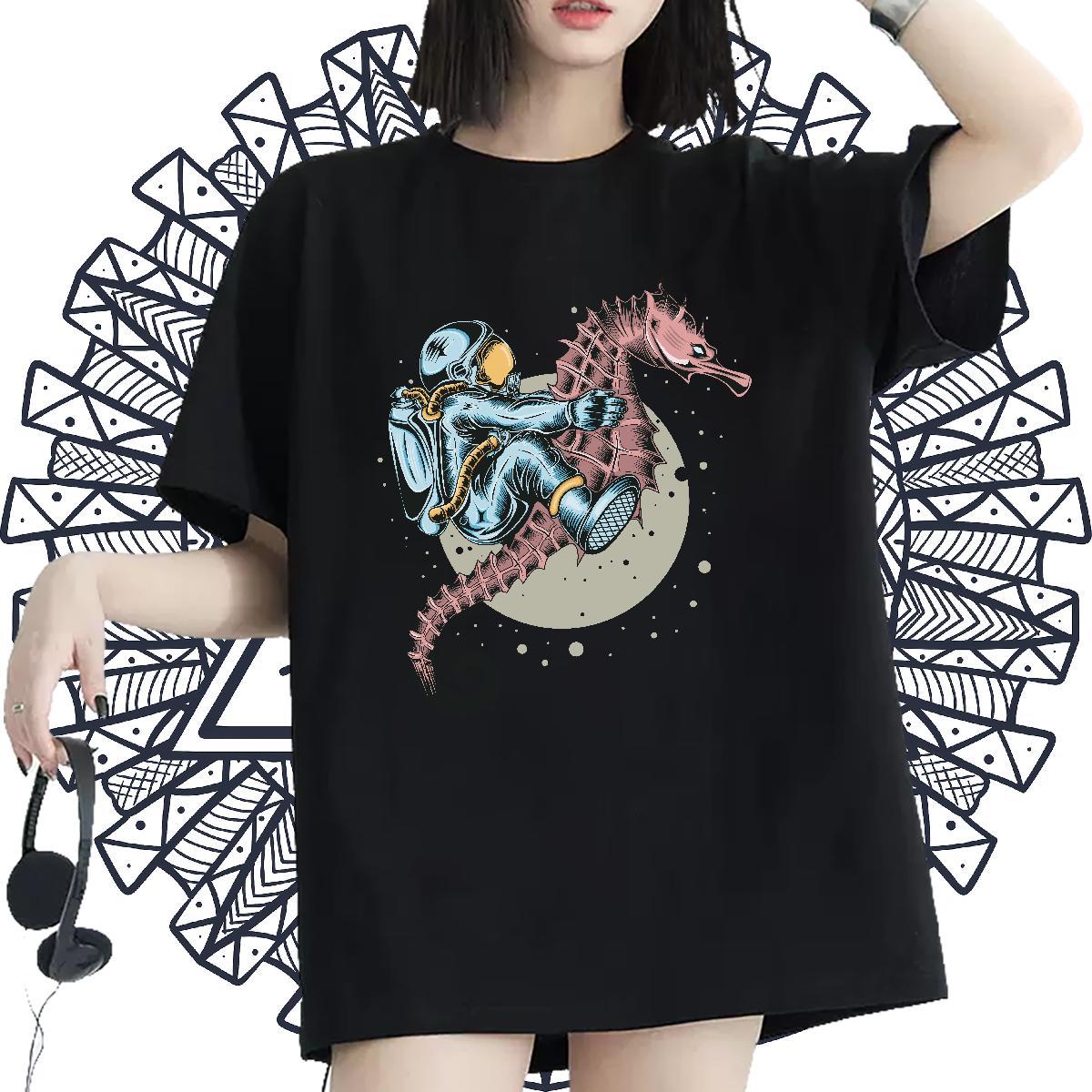 Comfortable Womens Tshirts 230g Pure Cotton cosmonaut Beach T shirt Crew Neck Breathable Cartoon Anime Tee Shirt