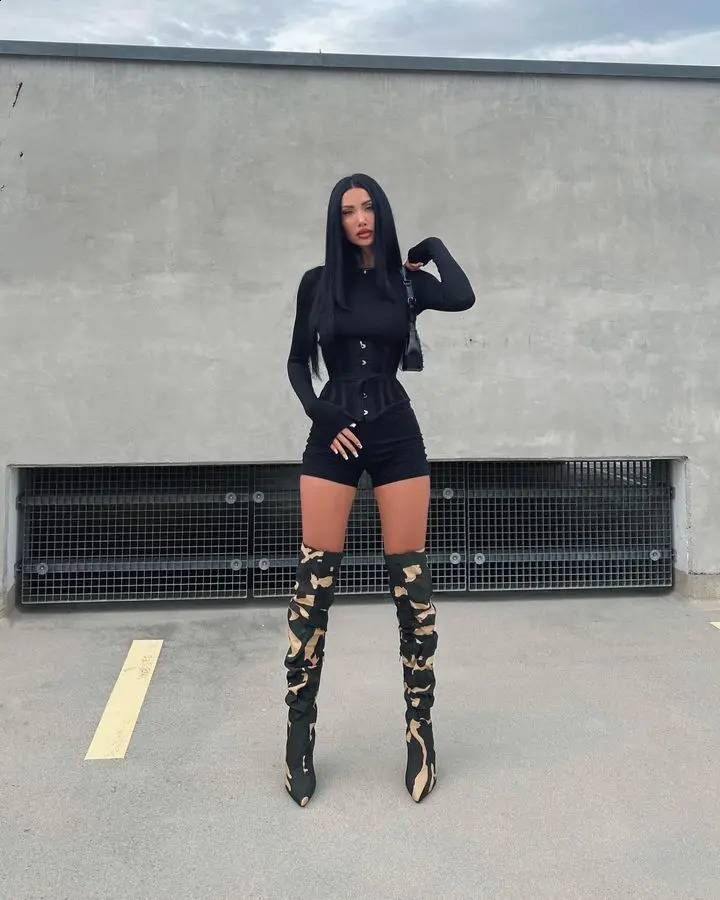 Fashionable printed camouflage sexy knee high boots thin high heels womens long toe motorcycle boots womens 240823