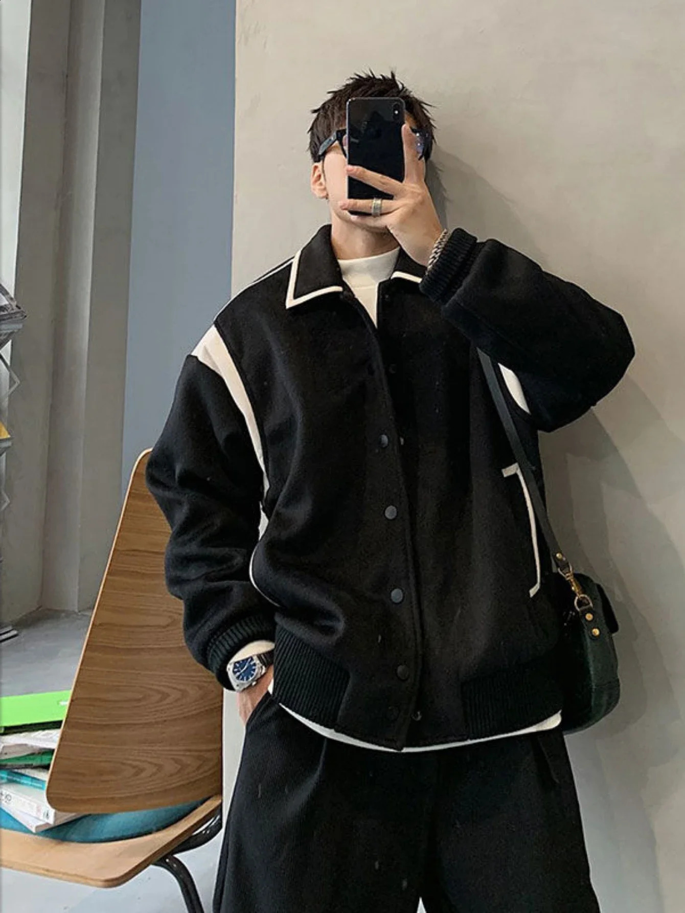 Korean style spliced woolen jacket mens autumn and winter trendy Japanese retro high-end top high street work jackets top 240815