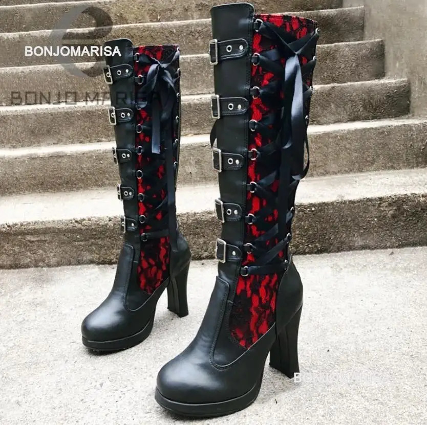 BONJOMARISA womens platform boots with straps short and chubby high heels mid calf boots narrow band bow knot Gothic shoes winter 240823