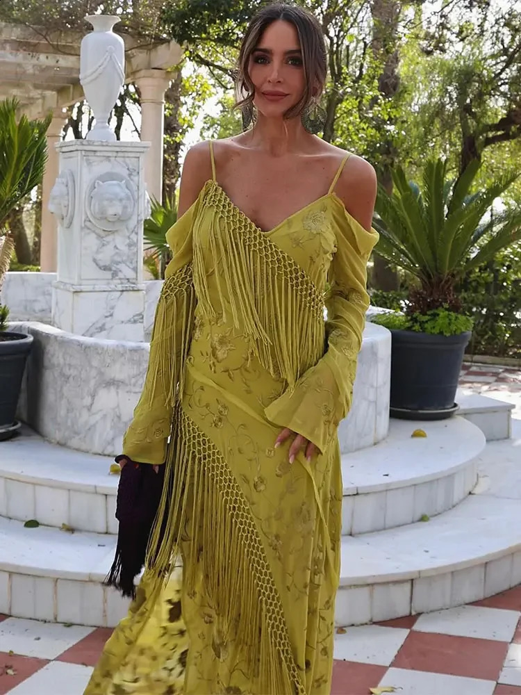 Sexy Off Shoulder Tassel Split Sling Dress Women Backless Long Sleeved Slim Robes Fashion Lady Vacation Beach 240823