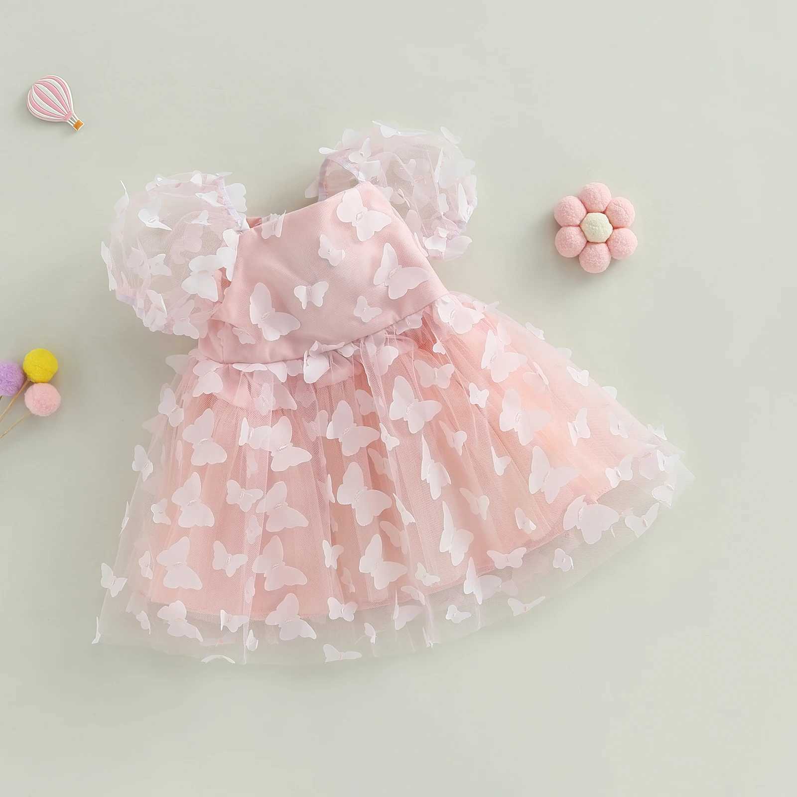 Pudcoco Childrens Girl Princess Dress Puff Sleeves Tulle Dress Flower/Butterfly A-line Party Stage Show 1-6T W240823