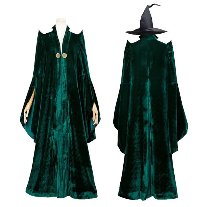 High quality Professor Minerva McGonagall cosplay costume green horn velvet Halloween carnival 240823