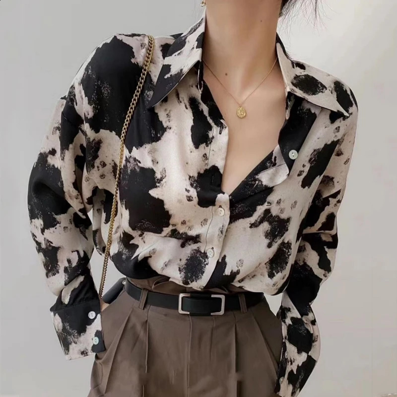 Denim print button womens spring plus size top Korean fashion clothing chiffon street long sleeved shirt 13486 w240824