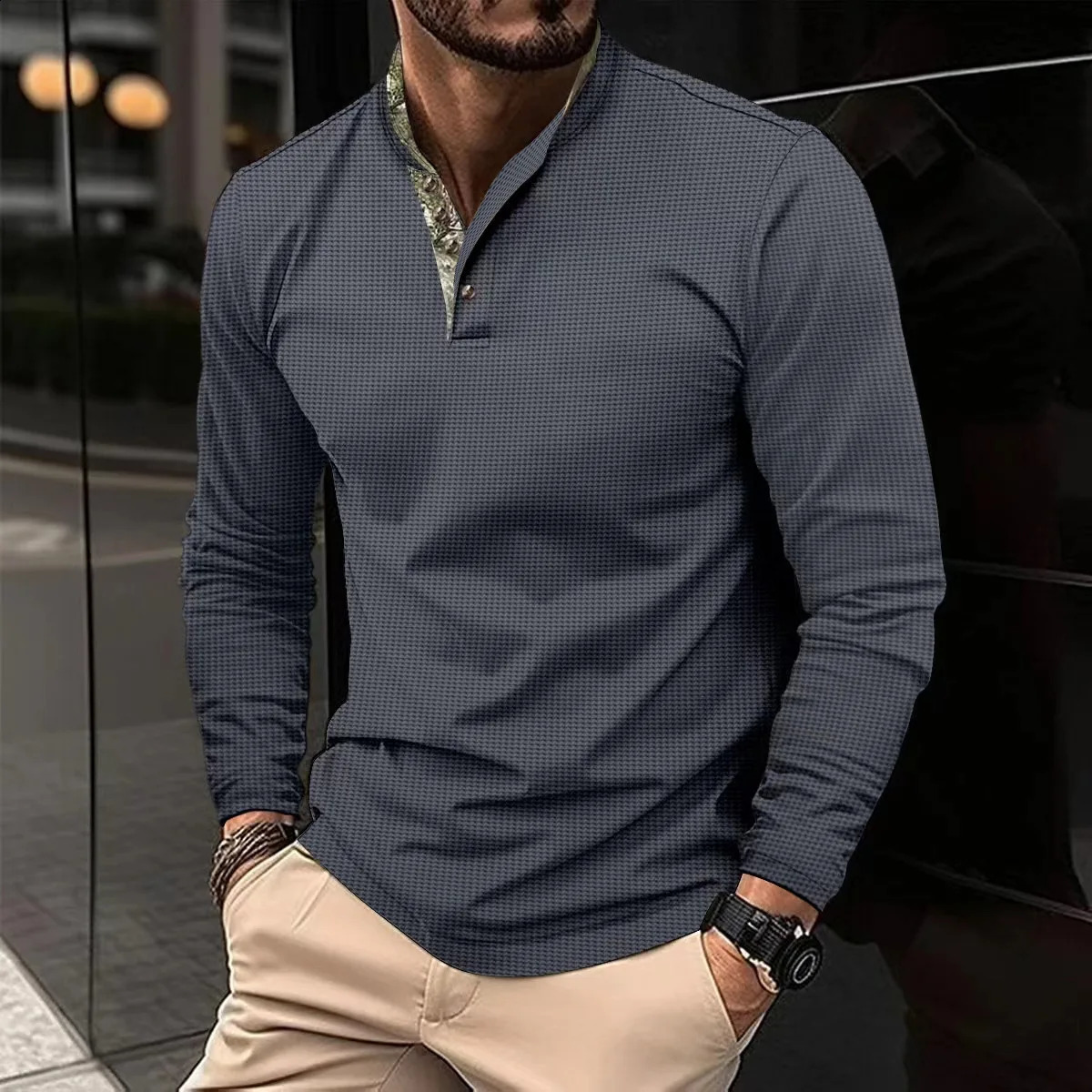 autumn and winter mens polo shirt with double layered stand up collar long sleeved sports 240823