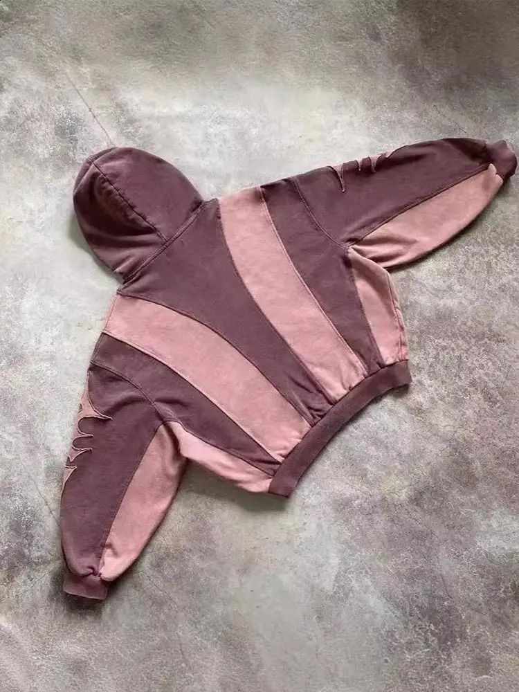 Retro Contrast Long Sleeve Oversize Hoodie For Male Trendy Patchwork Printed Sweatshirt With Pocket Autumn Mens Loose Pullover y240826