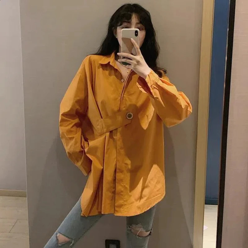Irregular white loose trend shirt spring long sleeved polo neck solid fashion top street casual womens clothing w240824