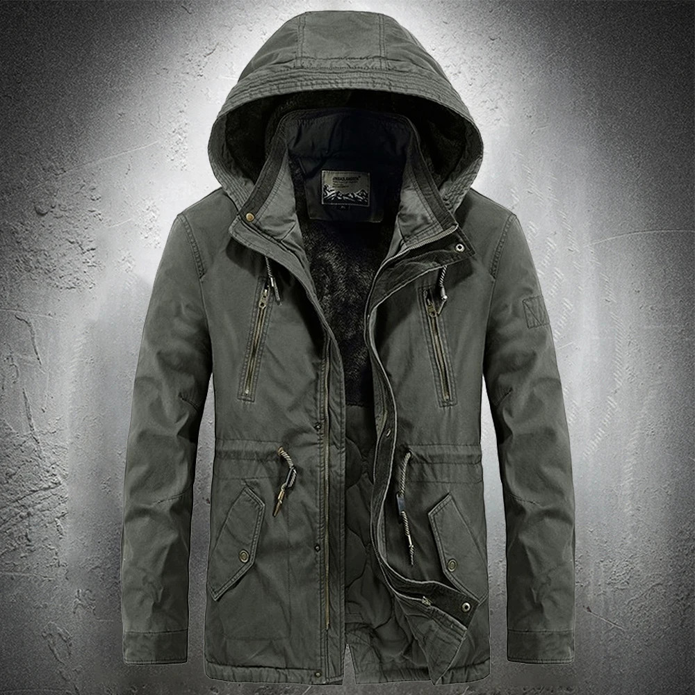 Mens outdoor jacket with detachable hood Casaul autumn and winter military mens hooded Parka wool lining thickened warm 240822
