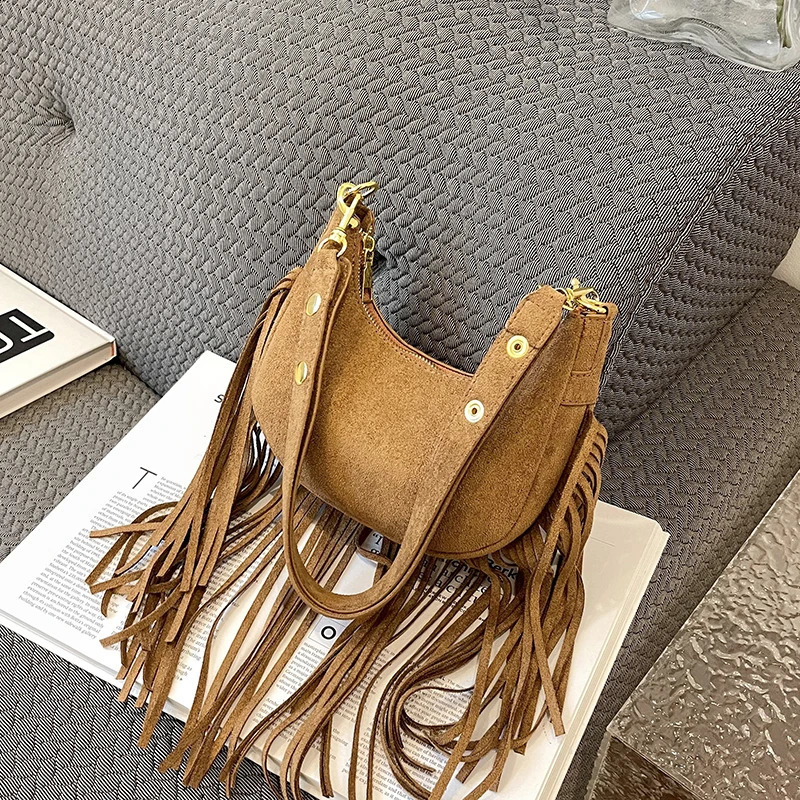Tassel Womens Bag 2023 Suede Leather Fashion Trend Handbag Half moon Tote Shoulder Crossbody Purse 240823