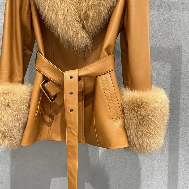 Genuine Leather Winter Jacket For Women With Real Fox Fur Collar And Cuffs