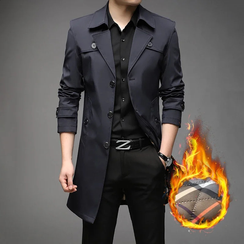 Autumn Spring Winter High Quality Medium Long Trench Coat with Cotton Thickened Mens Suit Collar Young Casual Mens Wear 240822
