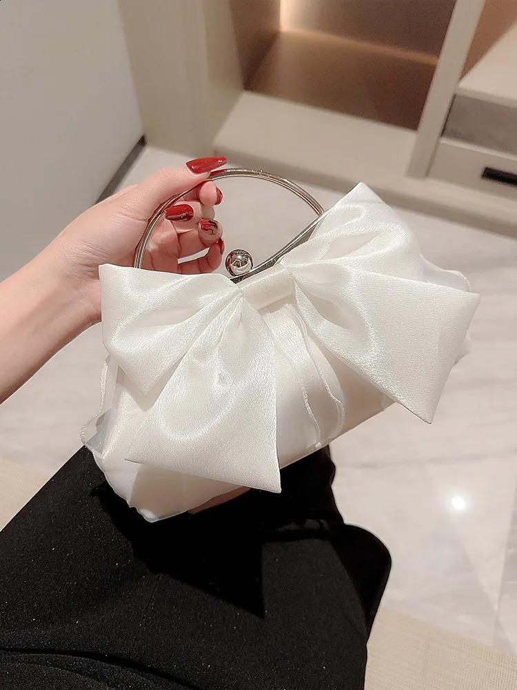 White Satin Bow Fairy Evening Bags Clutch Metal Handle Handbags For Women Wedding Party Bridal Clutches Purse Chain Shoulder Bag 240822z