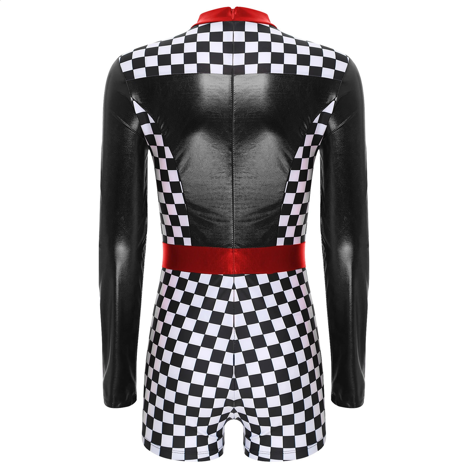 Womens Drive Racer cosplay clothing long sleeved checkered printed bodysuit racing jumpsuit carnival themed party club w240824