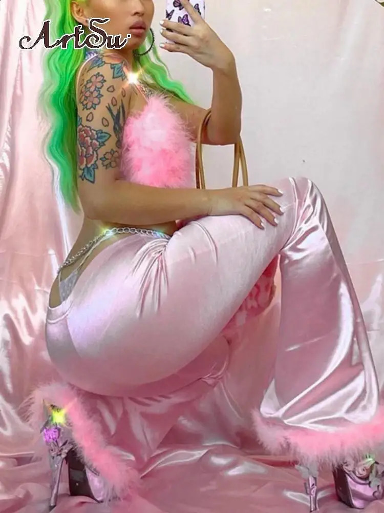 Party Pink Long Pants Faux Fur Fluffy Satin Women Flare Pants High Waist Bell Trousers Bodycon Sexy Autumn Winter Bottoms 240823