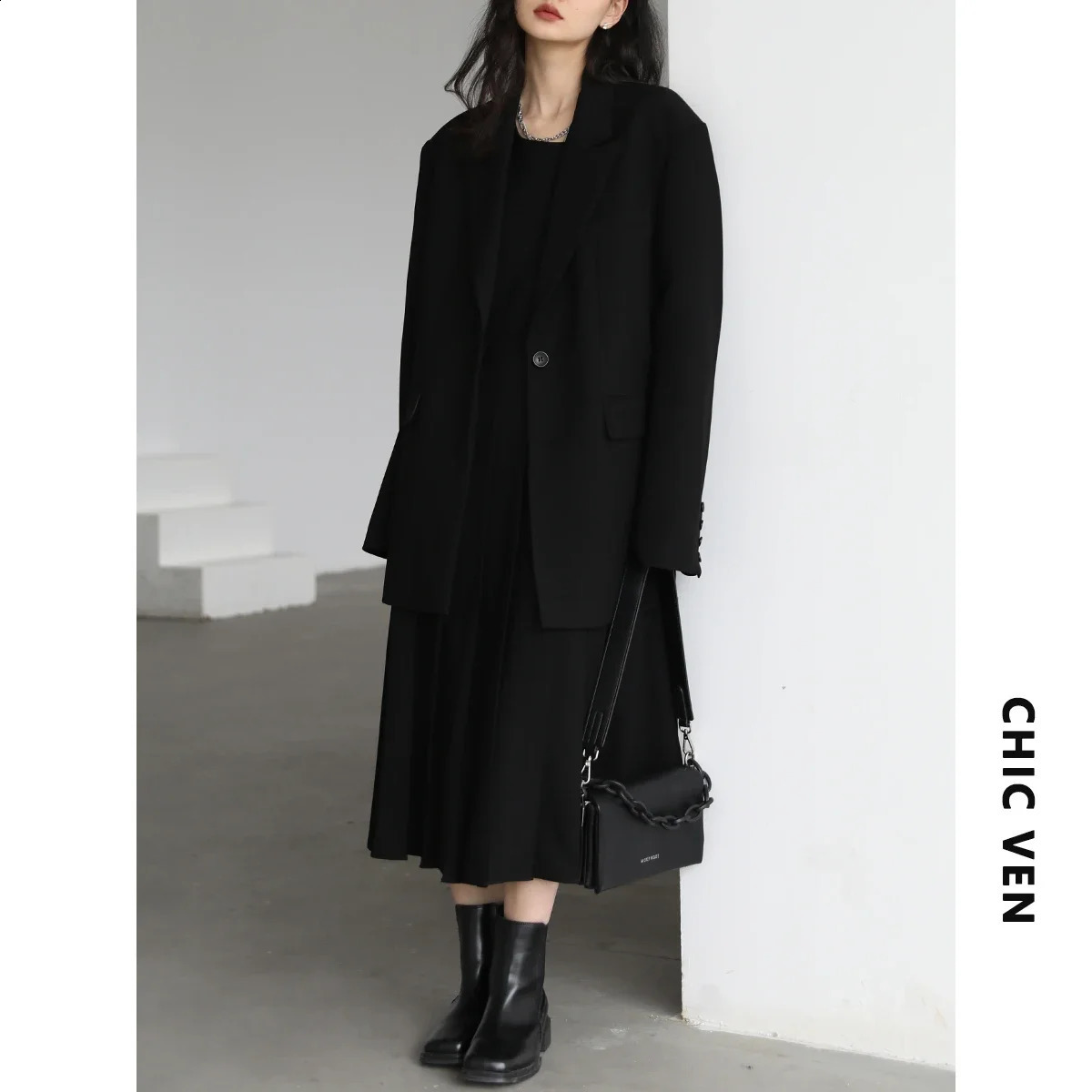 CHIC VEN Fashion Womens Blazer Wide Shoulder Suit Coat Pleated Dress Two-piece Set for Women Spring Autumn Office Lady 240823